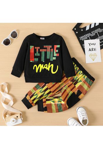 2pcs Baby Boy Long-sleeve Letter Print Sweatshirt and Geometric Pattern Sweatpants Set