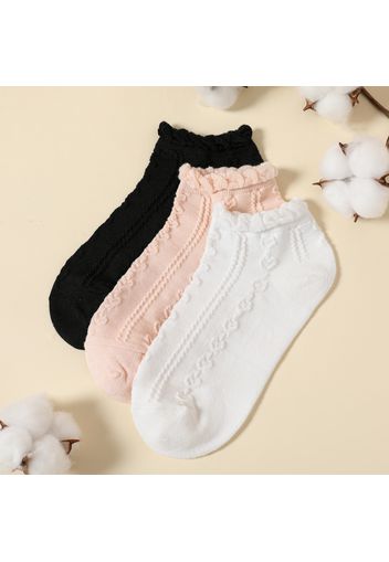 3-pairs Women Lettuce Trim Plain Textured Socks