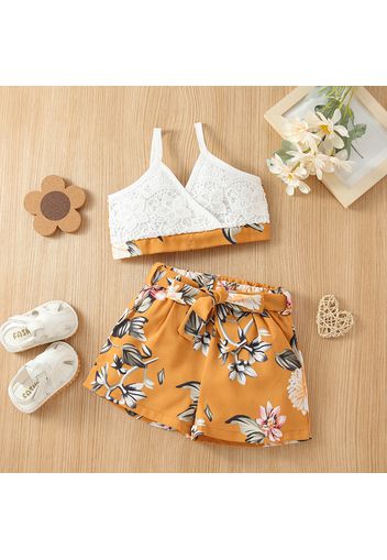 2-piece Toddler Girl Lace Design Camisole and Floral Print Belted Shorts Set