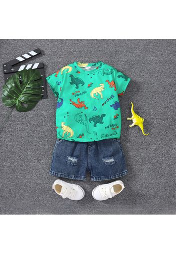 2pcs Toddler Boy Playful Ripped Denim Shorts and Dinosaur Print Tee Set