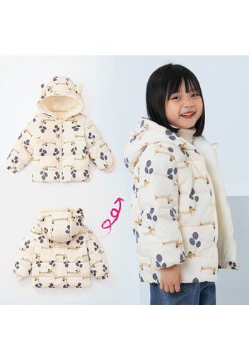 Kid Girl Floral Print Ear Design Hooded Padded Coat