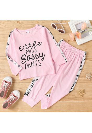 2-piece Toddler Girl Letter Leaf Print Long-sleeve Top and Elasticized Pants Casual Set