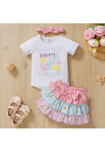 Easter 3pcs Eggs Letter Print Short-sleeve Romper and Polka Dots Layered Skirt with Headband Set