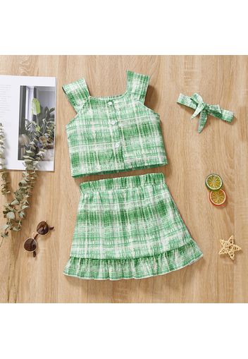 2pcs Toddler Girl Button Design Green Plaid Camisole and Ruffle Skirt Set