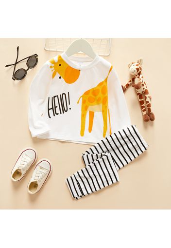 2-piece Toddler Girl/Boy Letter Giraffe Print Long-sleeve Tee and Stripe Pants Set