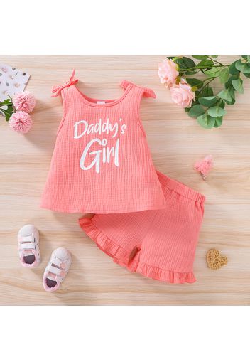 2-piece Toddler Girl 100% Cotton Letter Print Bowknot Design Sleeveless Top and Ruffled Pink Shorts Set