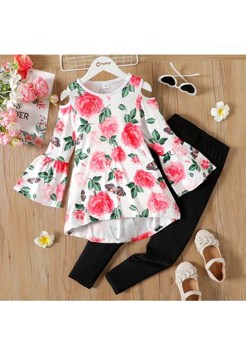 2pcs Kid Boy Floral Print High Low Long Bell sleeves Tee and Black Leggings Set