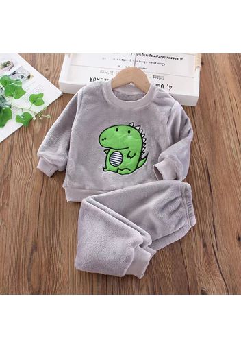 2pcs Toddler Boy Playful Dinosaur Embroidered Flannel Fleece Sweatshirt and Pants Set