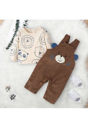 100% Cotton 2pcs Baby Cartoon Animal Print Long-sleeve T-shirt and Corduroy Overalls Set