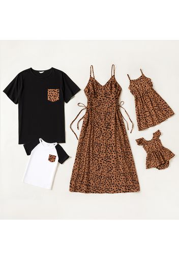 Leopard Print Family Matching Sets(Spaghetti Strap Dresses and Short-sleeve T-shirts)