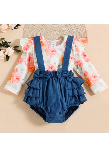 2pcs Baby Girl Floral Print Long-sleeve Romper and Denim Layered Ruffle Suspender Shorts Set