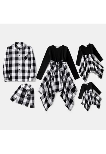 Family Matching Long-sleeve Solid Spliced Plaid Asymmetric Hem Dresses and Button Up Shirts Sets