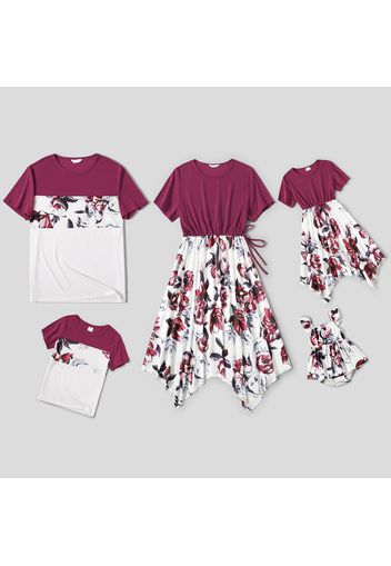 Family Matching Solid Short-sleeve Splicing Floral Print Irregular Hem Dresses and Colorblock T-shirts Sets