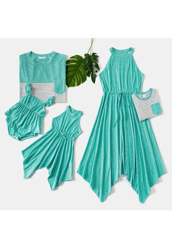 Family Matching Green Halter Neck Irregular Hem Dresses and Striped Splicing Short-sleeve T-shirts Sets