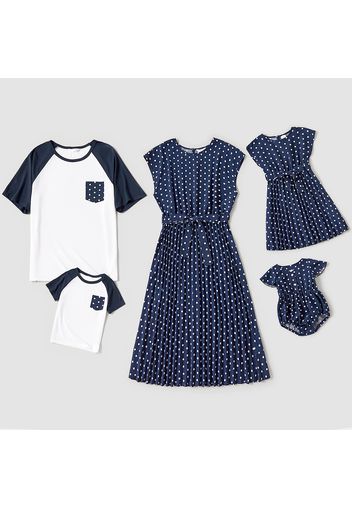 Blue Polka Dot Family Matching Sets（ Belted Midi Dresses and Raglan Short-sleeve T-shirts）