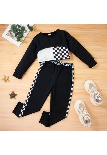 2-piece Kid Boy/Kid Girl Colorblock Plaid Pullover and Letter Print Pants Set