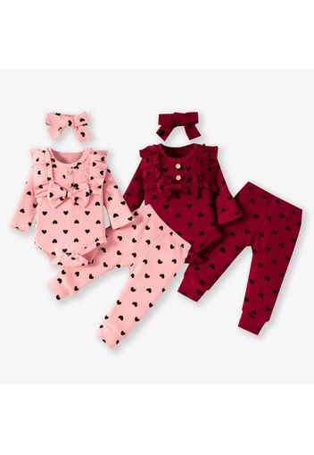 3-piece Baby Girl Heart Print Ruffled Bowknot Design Long-sleeve Ribbed Romper, Elasticized Pants and Headband Set