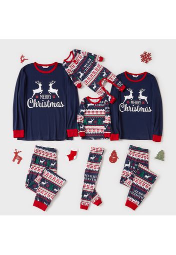 Christmas Reindeer and Letter Print Blue Family Matching Long-sleeve Pajamas Sets