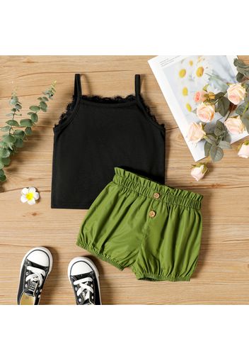 2-piece Toddler Girl Lace Design Black Camisole and Button Design Paperbag Green Shorts Set