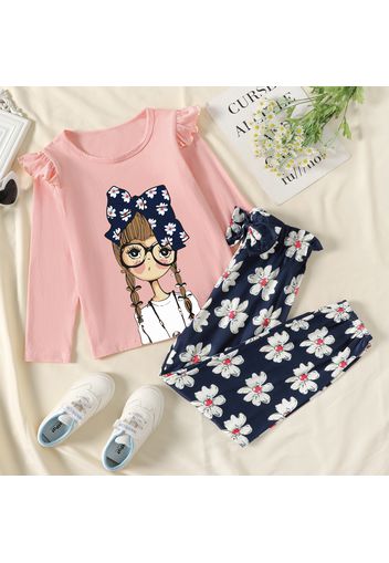2pcs Kid Girl Ruffled Figure Print Long-sleeve Pink Tee and Floral Print Bowknot Design Pants Set