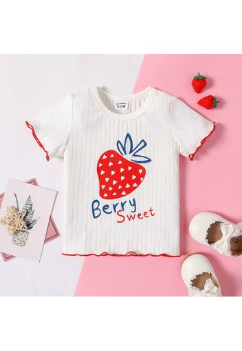 Baby Girl Strawberry and Letter Print Ribbed Lettuce Trim Short-sleeve Top