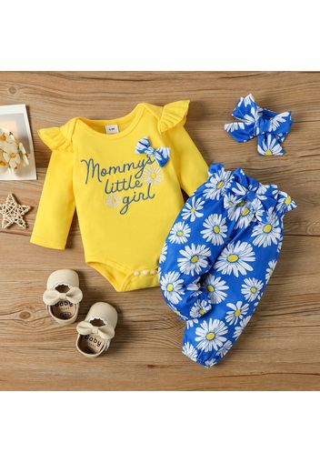 3pcs Baby Girl 95% Cotton Long-sleeve Letter Embroidered Romper and Allover Daisy Floral Print Pants with Headband Set