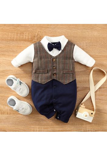 100% Cotton Gentleman Baby Lapel Bowtie Long-sleeve Faux-two Jumpsuit