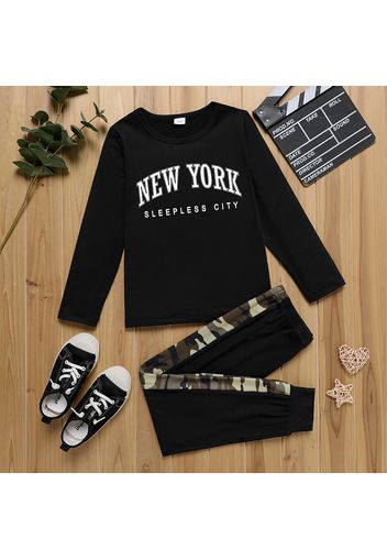 2pcs Kid Boy Letter Print Long-sleeve Black Cotton Tee and Camouflage Print Pants Set