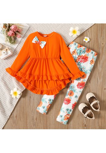 2pcs Toddler Girl Bowknot Design Ruffled High Low Long-sleeve Tee and Floral Print Leggings Set