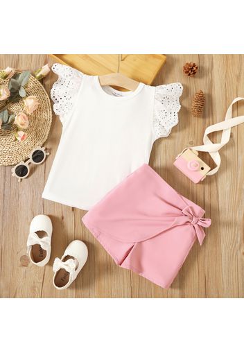 2pcs Toddler Girl Schiffy Design White Flutter-sleeve Tee and Wrap Tie Side Pink Shorts Set