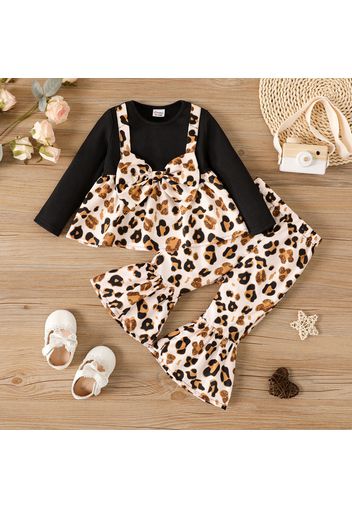 2pcs Baby Girl Rib Knit Long-sleeve Spliced Leopard Bow Front Top and Flared Pants Set