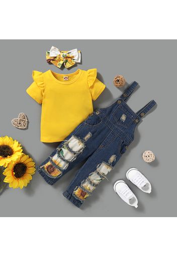 3-piece Baby / Toddler Girl Solid Top and Sunflower Denim Suspender Pants with Headband Set