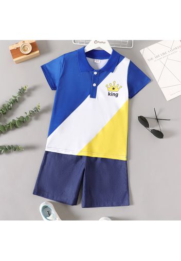 2-piece Kid Boy Colorblock Letter Crown Print Pique Polo Shirt and Denim Shorts Set