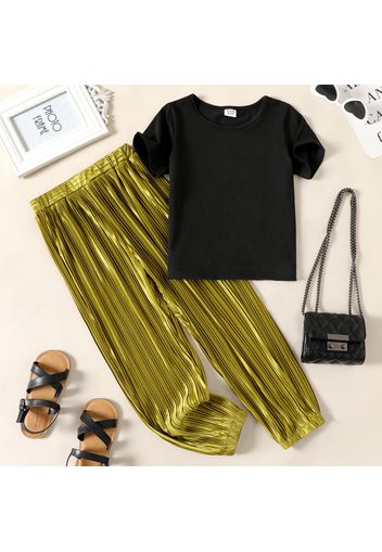 2-piece Kid Girl Solid Color Short-sleeve Tee and Metallic Pleated Pants Set