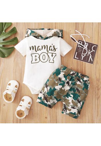 2pcs Baby Boy Letter Print Short-sleeve Hooded Romper and Camo Dino Print Shorts Set