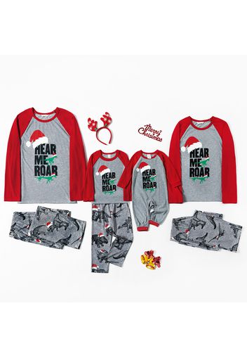 Christmas Dinosaur with Hat and Letter Print Grey Family Matching Raglan Long-sleeve Pajamas Sets (Flame Resistant)