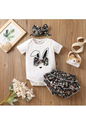 3pcs Baby Girl Cotton Short-sleeve Rabbit Print Bowknot Romper and Floral Print Ruffle Shorts with Headband Set