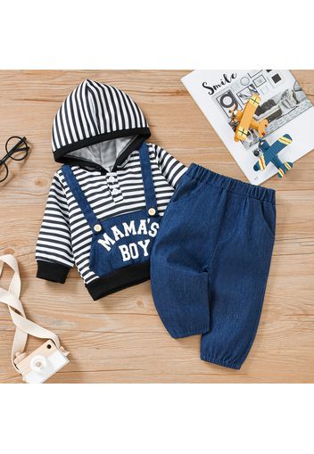 2pcs Baby Boy/Girl Letter Print Striped Long-sleeve Faux-two Hoodie and 100% Cotton Denim Pants Set