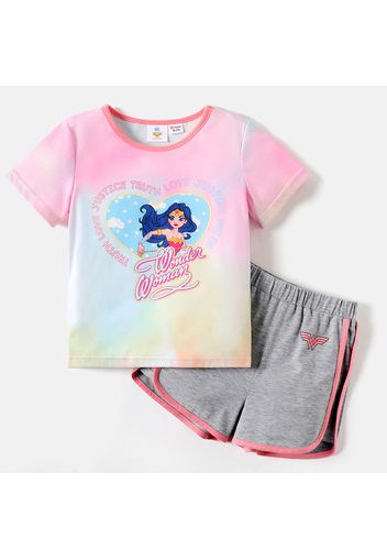 Wonder Woman 2pcs Kid Girl Tie Dyed Letter Print Short-sleeve Tee and Colorblock Shorts Set