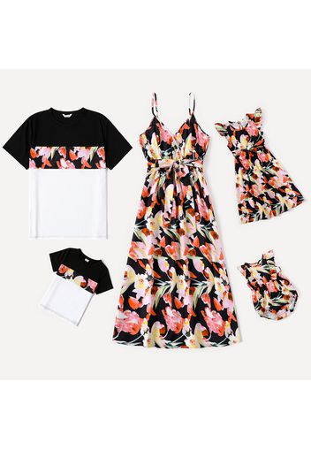 Family Matching All Over Floral Print Cross Wrap V Neck Spaghetti Strap Dresses and Splicing Short-sleeve T-shirts Sets