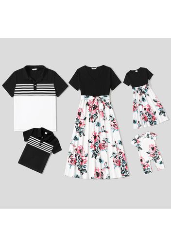 Cotton Solid and Plant Print Splice Stripe Short-sleeve Family Matching Sets