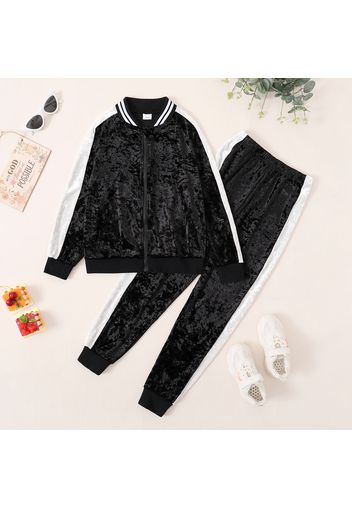 2-piece Kid Boy/Kid Girl Striped Zipper Colorblock Velvet Bomber Jacket and Pants Set