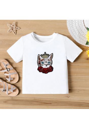 Kid Girl Animal Cat Patch Embroidered Short-sleeve Tee