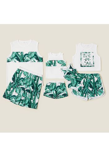 Leaf Print Color Block Tank Top and Shorts Family Matching Pajamas (Flame resistant )