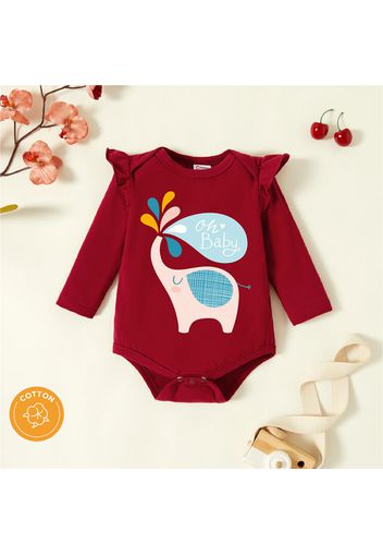 Baby Girl 95% Cotton Ruffle Long-sleeve Graphic Burgundy Romper