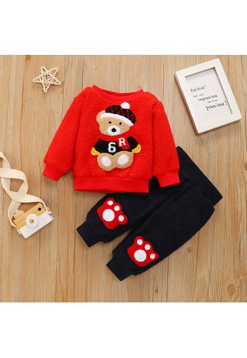 2pcs Baby Boy/Girl Teddy Bear Pattern Fuzzy Fleece Long-sleeve Pullover and Trousers Set