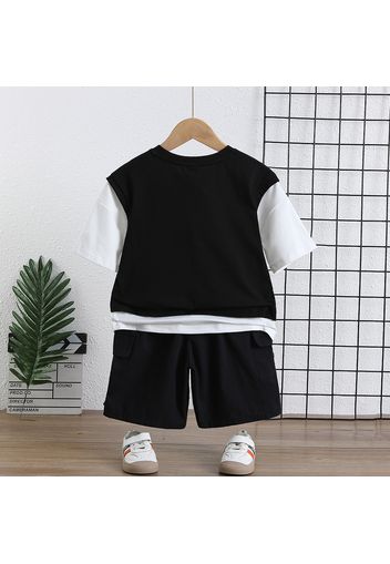 2pcs Toddler Boy Trendy Faux-two Letter Print Tee and Pocket Design Shorts Set