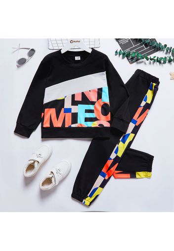 2-piece Kid Boy Colorblock Letter Print Pullover Sweatshirt and Elasticized Pants Casual Set