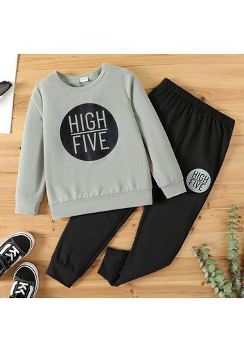 2pcs Kid Boy Casual Letter Print Pullover Sweatshirt and Black Pants Set