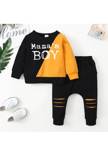 2-piece Toddler Boy Letter Print Colorblock Pullover and Cut Out Pants Set